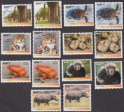 Zentralafrika  2024  14 Werte  **  Schildkröte / Eule / Pilze / Flußpferd / Frosch / Giraffe / Affe