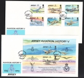 Jersey  1993  6 W. + 1 Bl. auf 2 FDC  Heimische Flugzeuge