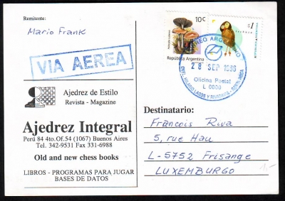 Argentinien  1996  1 Postkarte mit Pilzfrankatur  gelaufen  (12)