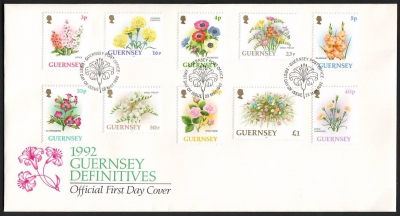 GB - Guernsey  1992  10 Werte auf 1 FDC  Frühlingsblumen
