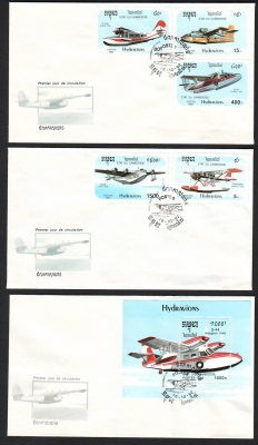 Kambodscha  1992  5 W. + 1 Bl. auf 3 FDC  Wasserflugzeuge