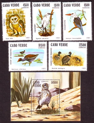 Kap Verde  1981  5 W. + 1 Bl.  **  Reiher / Eule / Lerche / Hühner