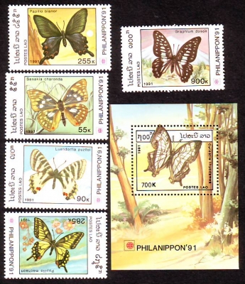 Laos  1991  5 W. + 1 Bl.  **  Schmetterlinge