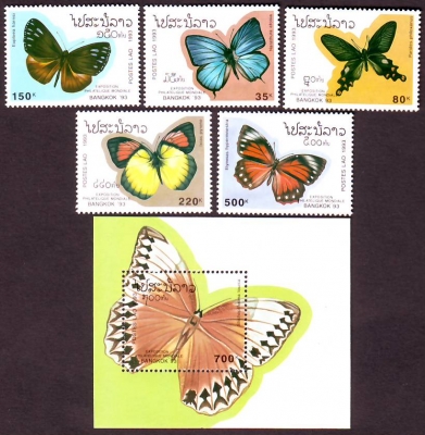 Laos  1993  5 W. + 1 Bl.  **  Schmetterlinge
