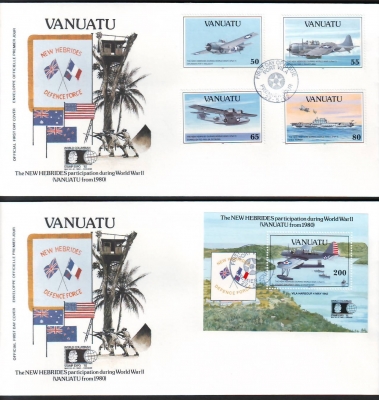 Vanuatu  1992  4 W. + 1 Bl. auf 2 FDC  Militärflugzeuge